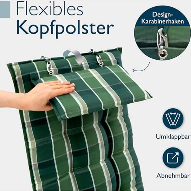 Beautissu Hochlehnerauflage 6er Set Sun-HL, 120x50x8 cm, Grün-Kariert, mit Kopfpolster, rutschfest, UV-Schutz 5, robust – Bild 6