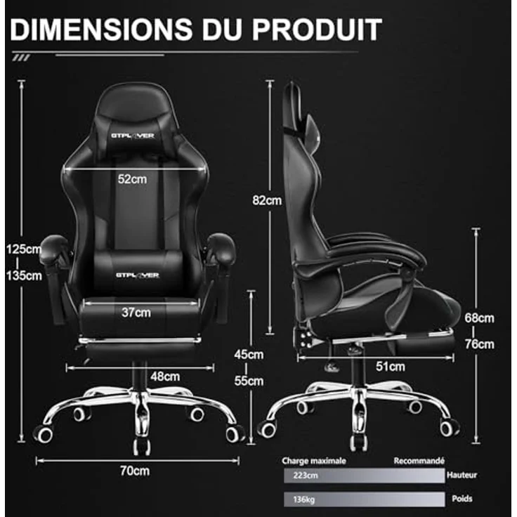GTPLAYER Gaming-Stuhl, Gamer-Sessel mit Lendenmassage, Gamingstuhl, einziehbare Fußstütze, Rückenlehne 135° neigbar, bequemer Sitz aus Leder, Bürostuhl, Belastung 150 kg, Schwarz – Bild 2