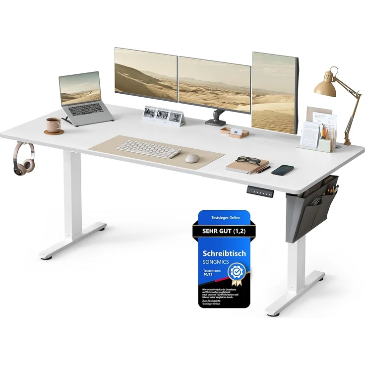 SONGMICS Höhenverstellbarer Schreibtisch elektrisch, 180x80 cm, Verstellbarer Tisch, Memory-Funktion für 4 Höhen, für Büro, wolkenweiß LSD138W01 – Bild 1