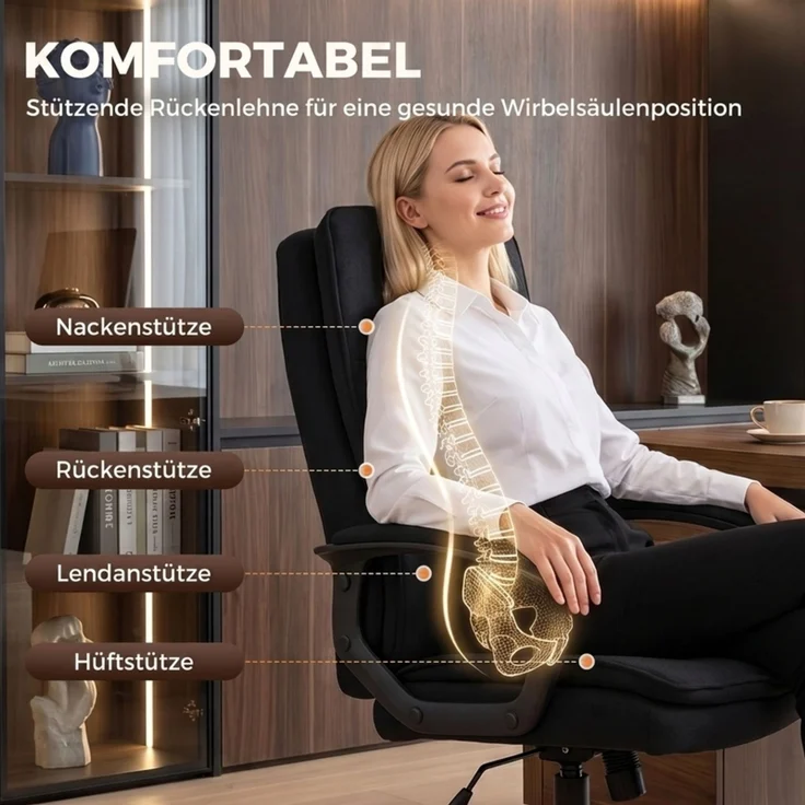 Chefsessel mit doppellagiger Polsterung, Bürostuhl aus Stoff, höhenverstellbar, mit Armlehnen, Schwarz--Schwarz--70x63x112cm--YOUDENOVA – Bild 4