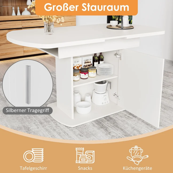Ausziehbarer Weiß Esstisch mit Stauraum, klappbarem Design und integrierten Aufbewahrungsschränken mit ausziehbarer Tischplatte mit Silber handhaben – Bild 4