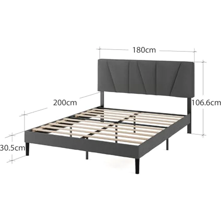 Zinus Maya Bett 180x200 cm - Höhe 30cm - Gepolstertes Bettgestell mit Kopfteil - Lattenrost aus Holz – Dunkelgrau – Bild 3