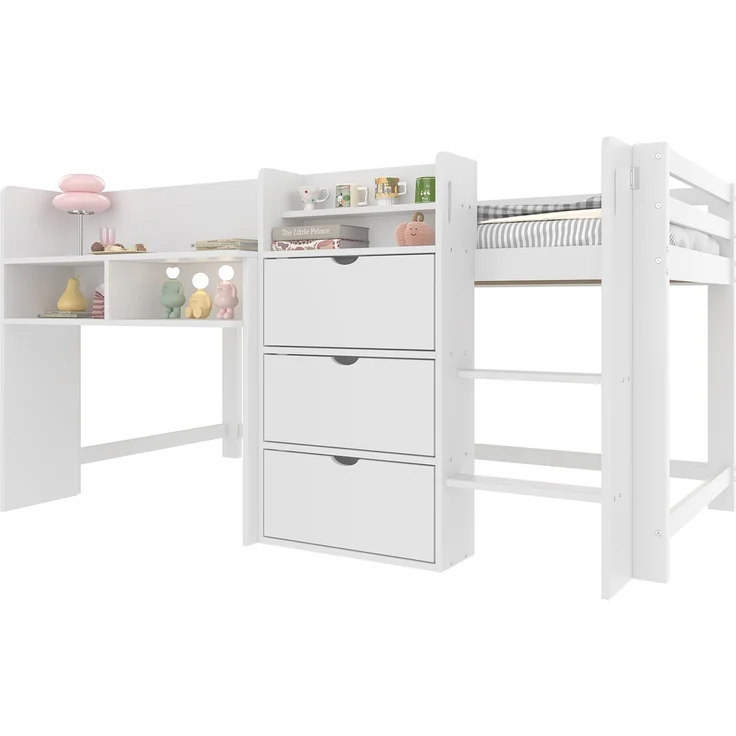 Kindereinzelbett 90×200 cm aus Massivholz und MDF mit Schreibtisch und Treppe, weiß – Bild 4