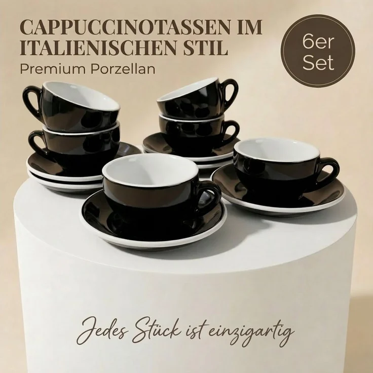 MUVELL Cappuccinotasse 6er Cappuccino-Set "Rimini" Tasse 200ml+Untertasse, schwarz, 6-tlg, Keramik, 200 ml Schwarz mit weißen Rand und Innenfläche – Bild 2
