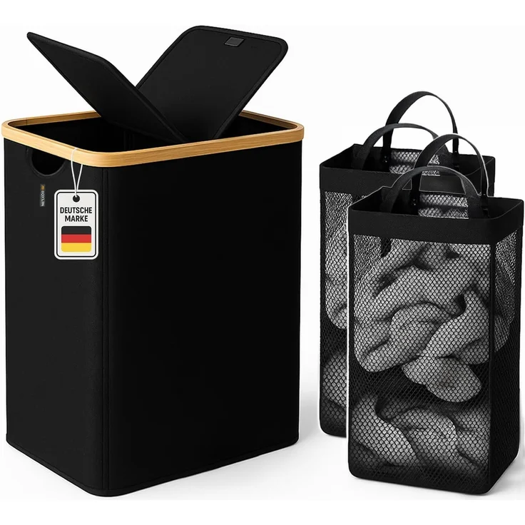 Roxlin Wäschekorb Wäschekorb 150L mit Deckel & 2 Taschen, faltbar & wasserdicht – Bild 1