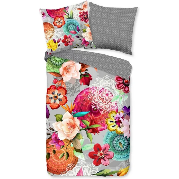 hip Flanell Bettwäsche 155 X 220 cm + 1- 80 X 80 cm Isarea Mandals and flowers bunt