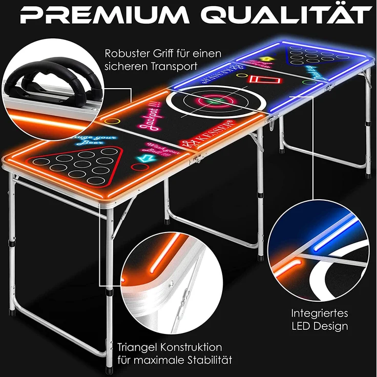 KESSER® Beer Pong Tisch Set mit LED, Kartenspiel, 100 Becher & 6 Bälle, höhenverstellbar / klappbar, Aluminium schwarz, 61 x 244 x 76 cm – Bild 8
