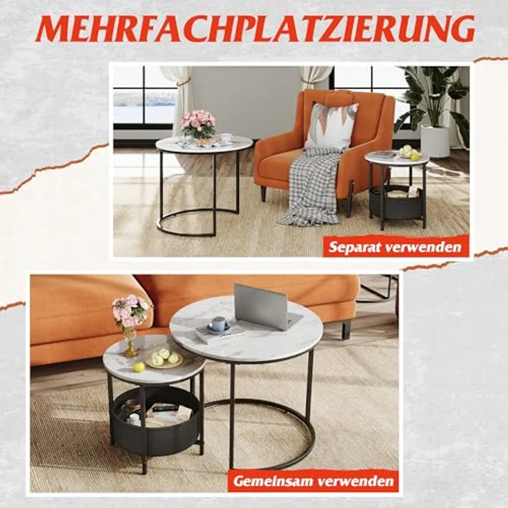 WLIVE Couchtisch 2er Set, Beistelltisch Rund mit Stauraum, Wohnzimmertisch Holz mit Metallrahmen, Sofatisch für Wohnzimmer Schlafzimmer, (Marmor Weiß, 60 cm und 40 cm Durchmesser) – Bild 6