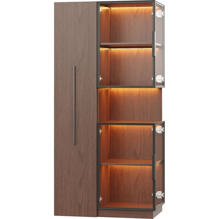 Vitrinenschrank 70x38x160 cm in Walnussoptik mit LED-Beleuchtung und ausziehbaren Seitenregalen – Bild 7