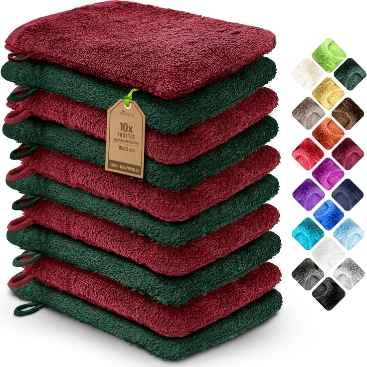 NatureMark 10x Waschhandschuhe aus Frottee 100% Baumwolle – Weich und Robust, Ideal für die tägliche Pflege und Gäste – Bordeaux/Dunkelgrün, 15x21 cm