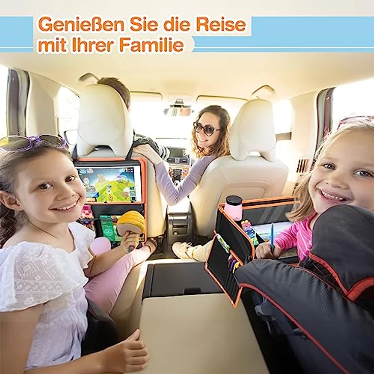 lenbest Doppelfunktion Kinder Reisetisch, Knietablett Reisetisch（Auto Rückenlehnenschutz） mit Transparenter Zeichnungsfilm, 5 Zeichnungsplatten und 6 Farbpens - Schwarzes/Orange – Bild 3