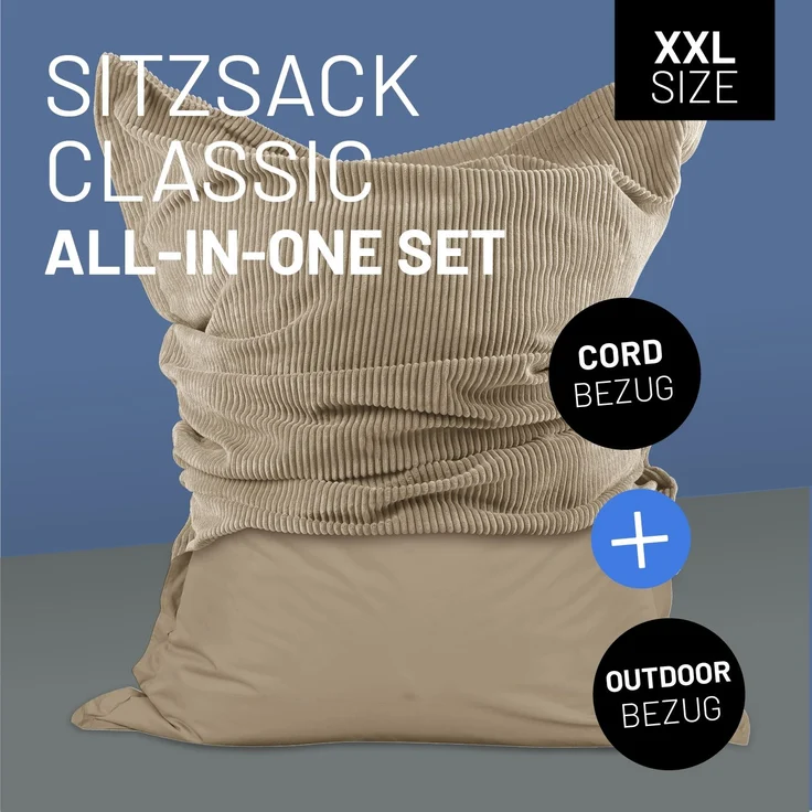 Lumaland Sitzsack Classic XXL All-in-One Set | Riesen Sitzsack XXL mit Cord & Outdoor Bezug für drinnen & draußen | Sofa Sessel mit im Innensack sicher verpackter EPS-Füllung – Hüllen Easy wechselbar – Bild 2