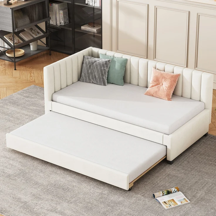 Polsterbett, 90 x 200, Ausziehbares Schlafsofa, Multifunktionsbett mit Lattenrost, Jugendbetten Kinderbetten Gästebetten, Samtstoff, Beige, 90 x 200 cm – Bild 7
