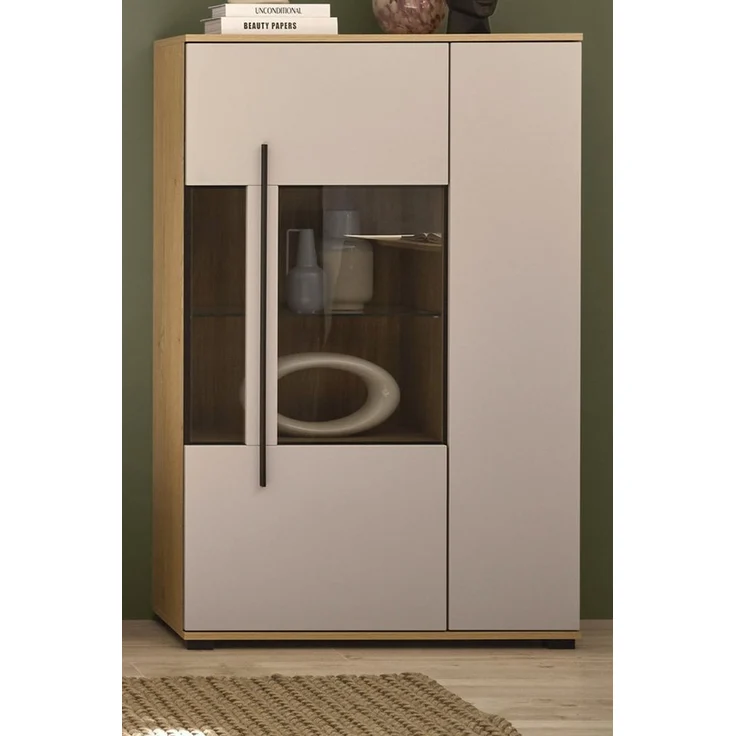 Furn. Design Highboard Design-D (Vitrinenschrank in Kaschmir / Sand und Eiche, 2-türig, 90 x 140 cm), mit viel Stauraum – Bild 2