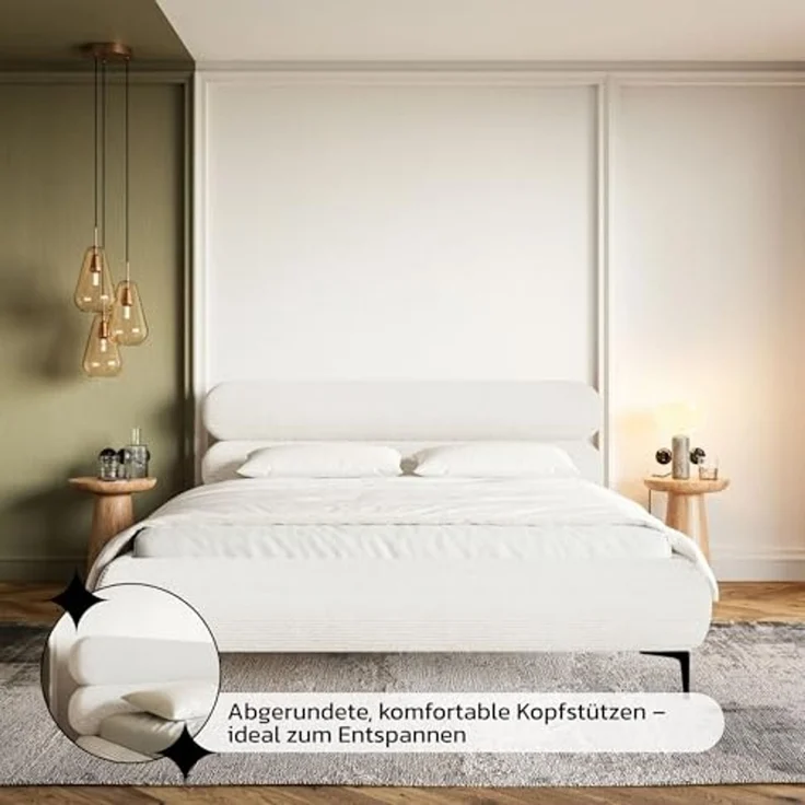 Selsey Polsterbett 140x200 cm Cord Creme – Bett mit Stauraum und Bettkasten, gepolstertes Bett mit Lattenrost und Metallrahmen, Doppelbett Schlafzimmer mit schwarzen Füßen und Gasdruckfedern – Bild 6