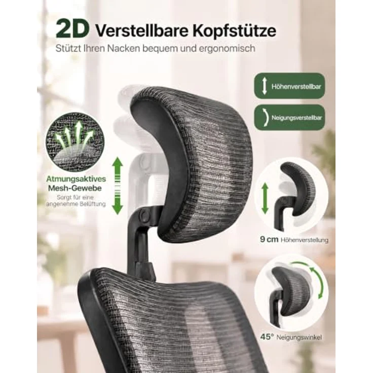 Marsail 2026 Neu Bürostuhl Ergonomisch, Neigung 130°, Netzrückenlehne | Schreibtischstuhl, 2-stufig verstellbare Kopf- & Lendenstütze, 8 cm Sitzkissen, Netzrücken, EN 1335-2, Schwarz Matt,150 kg – Bild 4