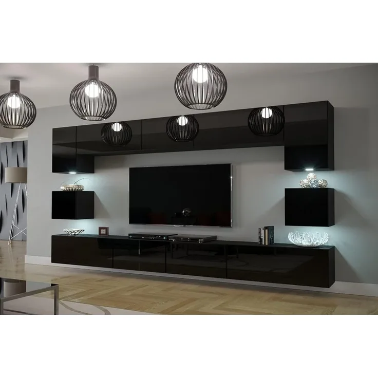 Furnitech Modernes TV Möbel mit LED Beleuchtung Schrank Wohnschrank Wohnzimmer Schrankwand Wohnwand Mediawand Nowara 1C (AN1-17B-HG20 1C, LED weiß)