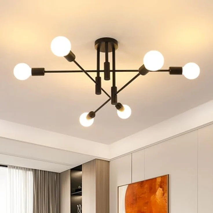 Goeco Deckenlampe Schwarz Vintage, 6 Flammig E27 Fassung Industrial Kronleuchter, Retro Deckenleuchte Sputnik für Schlafzimmer Küche Wohnzimmer, 70CM MAX. 60W (Glühbirnen Nicht Inbegriffen) – Bild 10