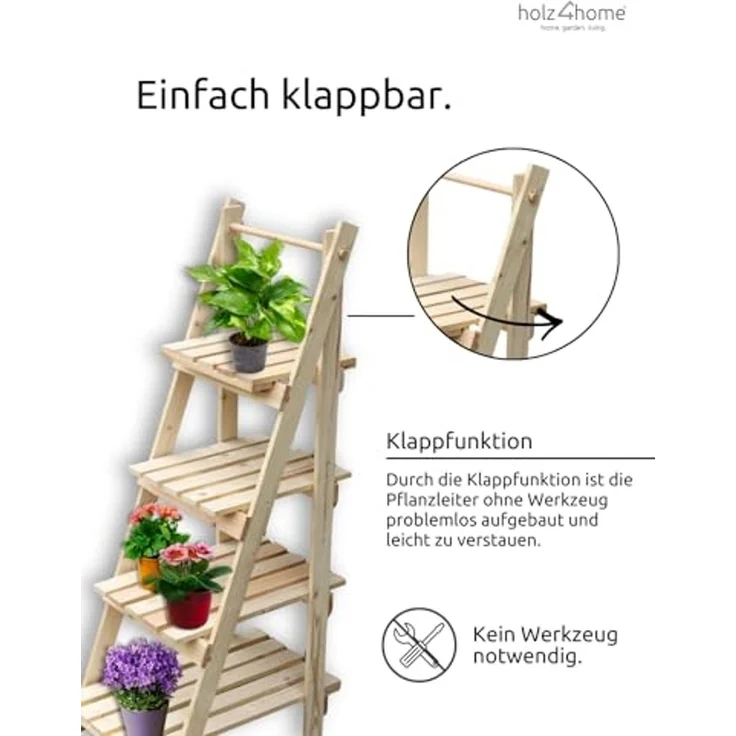 holz4home® Pflanzentreppe Pflanzleiter mit 4 Ablagen I Blumentreppe aus Tannenholz, Klappbar – Bild 5