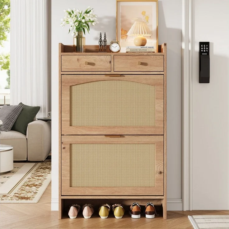 Flieks Schuhschrank Schuhkipper Schuhkommode mit Arbeitsplatte, 2 Rattan-Klappen Holzoptik (65×25×106 cm, 1-St) Schuhregal Flurschrank mit verstellbaren Einlegeböden Landhausstil – Bild 4