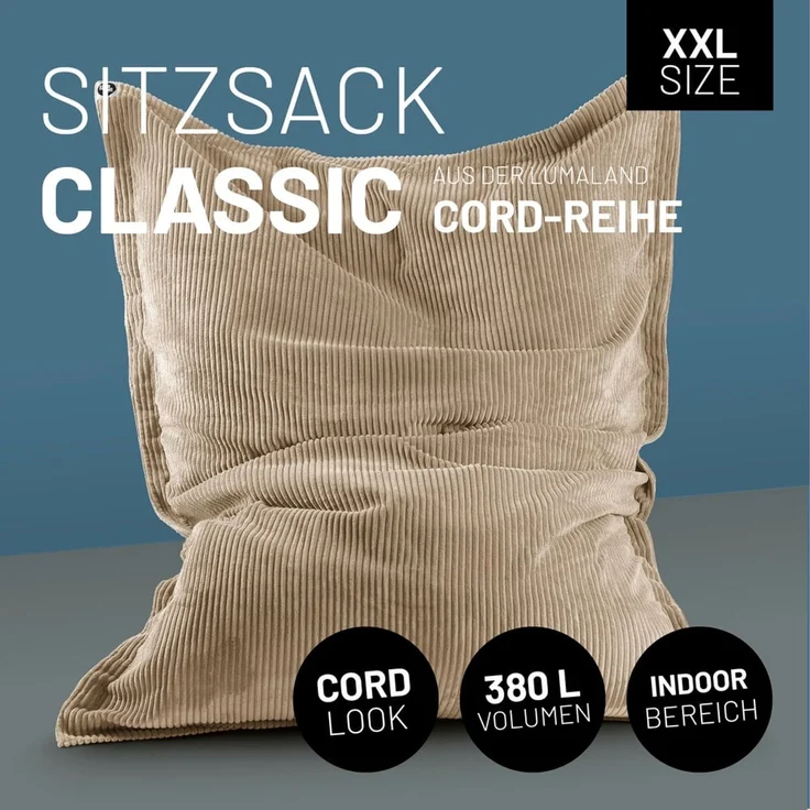 Lumaland Sitzsack Classic XXL Cord | Riesen Sitzsack XXL mit Softer Rippenstruktur – ideal zu Cord Sofa & Sessel Indoor Bean Bag für Wohnzimmer, Schlafzimmer & Co. - 380 L, 140x180 cm – Bild 2