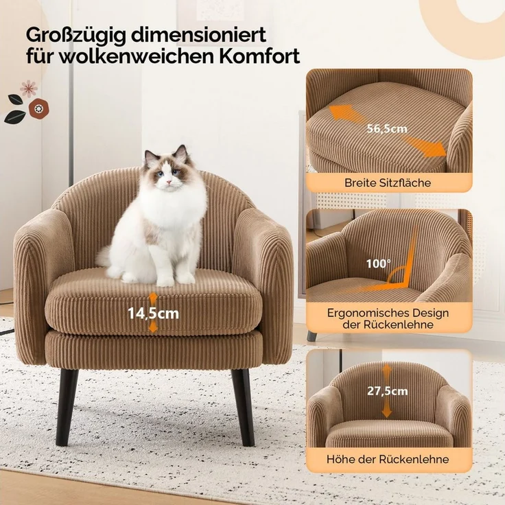 VINGLI Ohrensessel Cocktailsessel aus Cord, Moderner Loungesessel für Wohnzimmer, Holzbeine, Abnehmbares Sitzkissen & Armlehnen – Bild 3