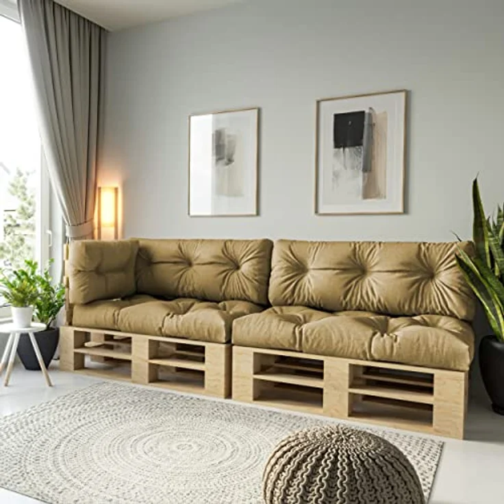 chilly pilley Palettenauflage Schaumflocken palettenkissen Palettenpolster Palettenmöbel Palettensofa Rückenlehne Sitzkissen Seitenkissen Set (5er Set Beige) – Bild 3