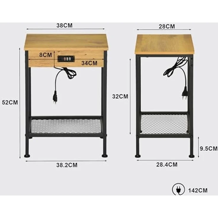 MEUBLE COSY Nachttisch 2er Set mit Ladestation Beistelltische 4 USB-Anschlüssen Couchtisch Klein Sofatisch mit Ablageboden für Wohnzimmer Schlafzimmer, Industrie, Metallgestell, Hellbraun, 38 x 28 x 52 cm – Bild 3