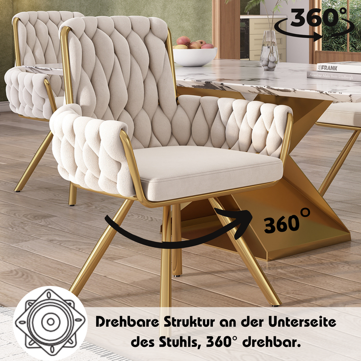 Merax Samt-Esszimmerstuhl, 6er set, Sessel, einzelner luxuriöser Wohn- und Schlafzimmer-Drehstuhl, Freizeit-Drehstuhl mit vier Stützbeinen aus Metall, beige – Bild 5