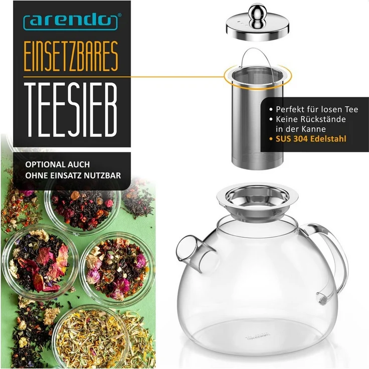 Arendo Teekanne Glas Teebereiter mit Stövchen, Früchtetee, Sieb für losen Tee, Kräuter, 1,5 l, (Set, 3-St, Rechaud, Glaskanne, Teesieb), Borosilikatglas, Tischkocher, Edelstahlsieb, hitzebeständig, Geschenk – Bild 3