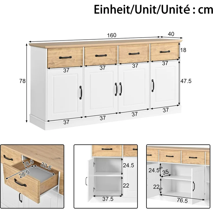 Sideboard B 160 x T 40 x H 78 cm aus MDF mit 4 Schubladen und höhenverstellbaren Einlegeböden – Bild 5