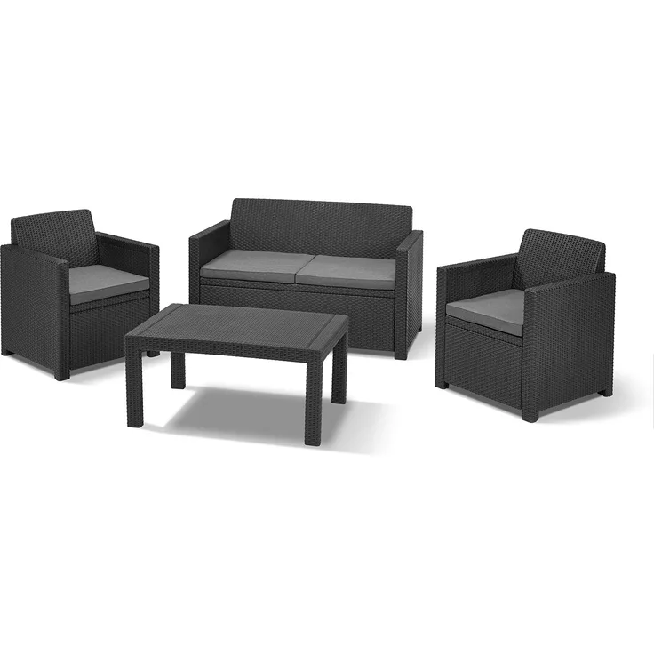 Allibert by Keter Merano Gartenmöbel Set aus Kunststoff, inkl. Sitzkissen, grau, 4-teilig, 2 Sessel, Sofa & Tisch, für Garten & Terrasse, Flache Rattanoptik