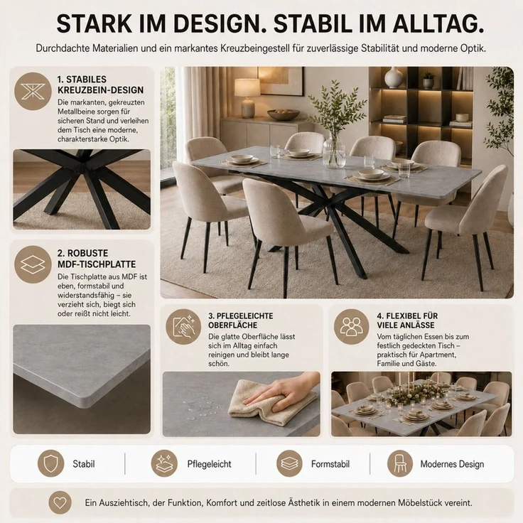 i@home Esstisch Küchentische Kaffee- & Freizeittisch (Kreuzbein-Design, 1-St, automatisch erweiterbar), moderner Ausziehbarer 150/180×70×76 cm Marmorstruktur – Bild 4