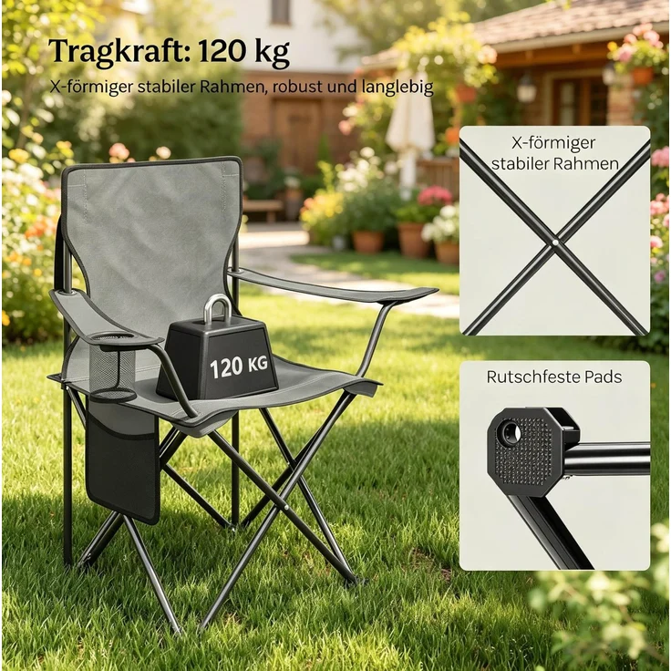 Campingstuhl 47x76x80,5 cm, 2er-Set mit Getränkehalter und Tragetaschen – klappbar, dunkelgrau – Bild 5
