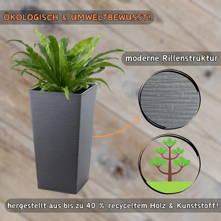Engelland Pflanzkübel Blumentopf aus recyceltem Kunststoff & Holz (WPC), Rillenoptik (UV-beständig, wetterfest), Blumenkübel für Garten, Balkon, Terrasse, Innen- und Außenbereich – Bild 3