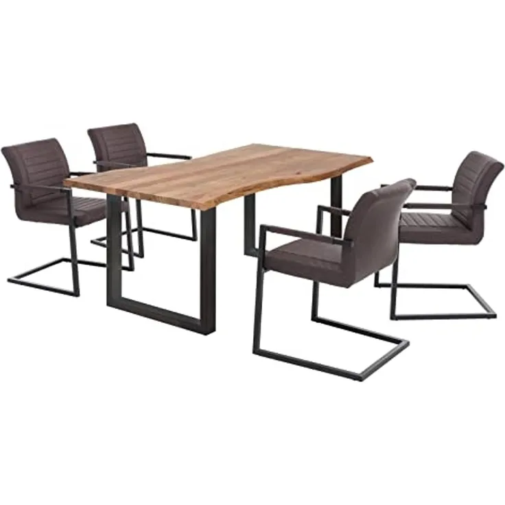 Essgruppe Picton aus Akazie mit Baumkante und 4 braunen Schwingstühlen aus Kunstleder – Sitzgruppe für Esszimmer & Küche im Industrial Design