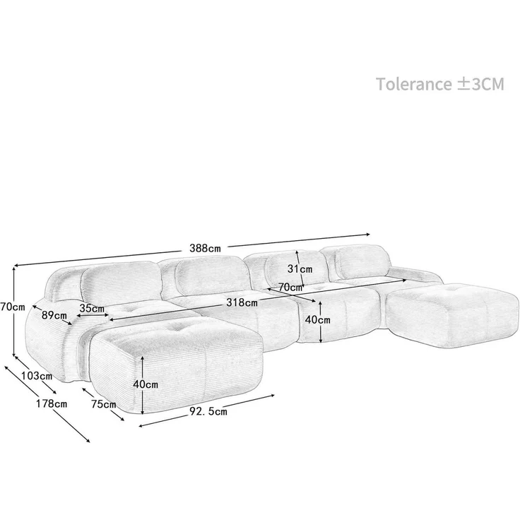 Sofa Uförmiges Cordstoff Wohnzimmer Wohnung Beige J 4 Sitzer 2 Hocker – Bild 2