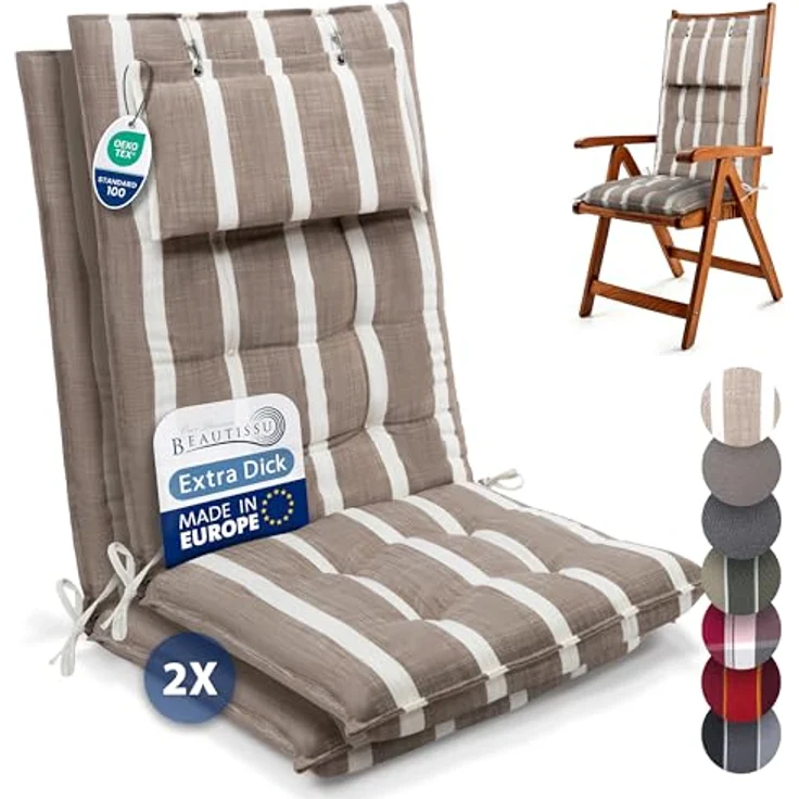 Beautissu Hochlehnerauflage 2er Set Sun-HL, 120x50x8cm, Beige-Weiß-Gestreift, mit Kopfpolster, rutschfest & robust, UV 5, inklusive Befestigungsbänder – Bild 1