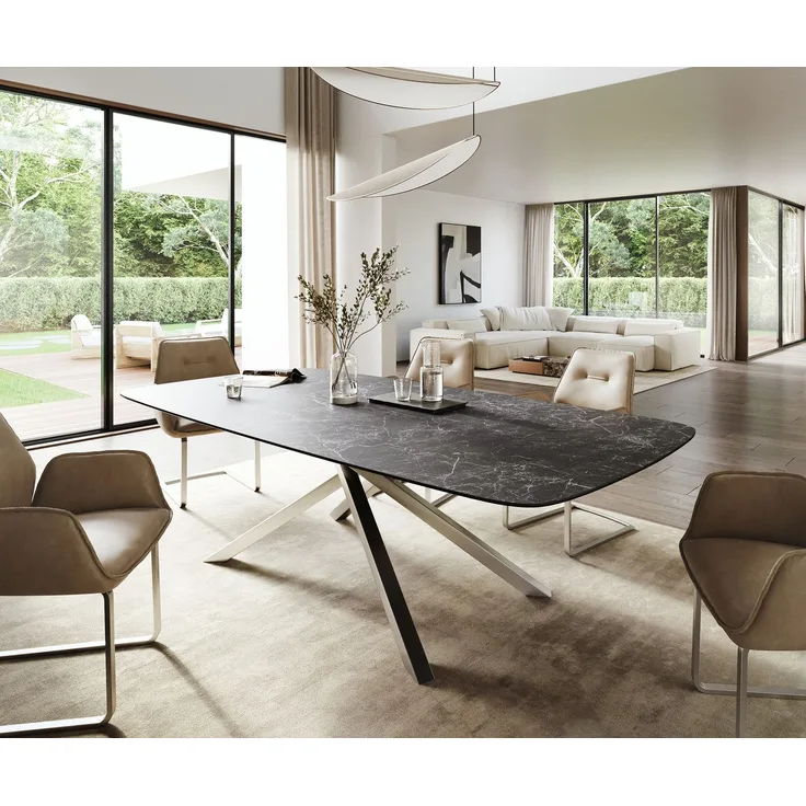 Esstisch Edge Boot 260x120 cm Keramik Laminam® Nero Greco Anthrazit Kreuzgestell Rechteck Edelstahl