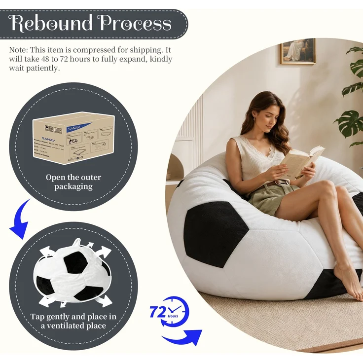 Großer, fußballförmiger Sitzsack, mehrfarbige Ziernähte, bequemes Sofa zum Entspannen im Schlafzimmer, Wohnzimmer oder in der Leseecke, ideal für Erwachsene und Jugendliche – Weiß + Schwarz – 52 x 43,5 x 31,5 cm – YOUDENOVA – Bild 5