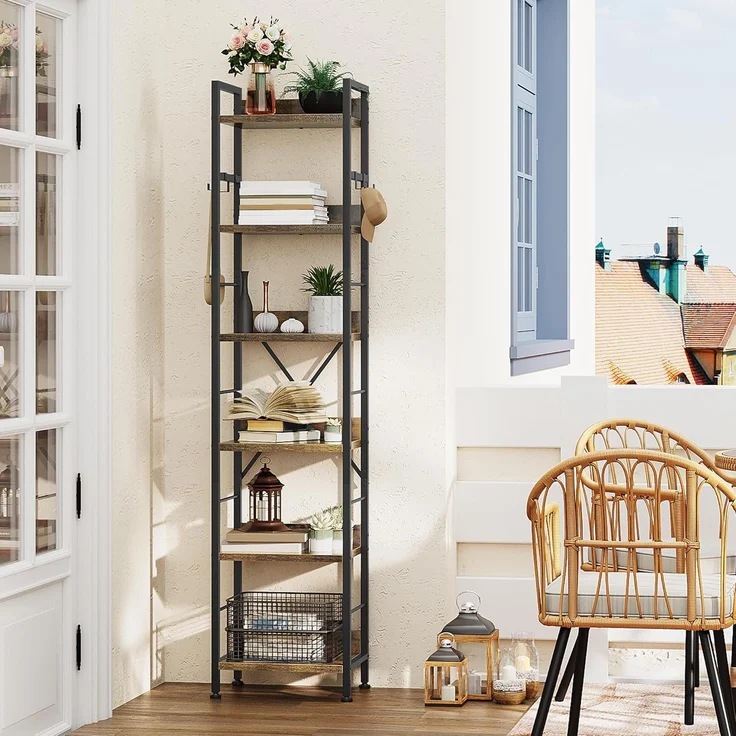 YITAHOME Bücherregal mit 6 Ebenen, bodenstehendes Bücherregal mit 4 Haken, Holzregal und Metallrahmen, Bücherregal, industrielles Hochregal, Aufbewahrung für Wohnzimmer, Heimbüro, Vintagebraun – Bild 1