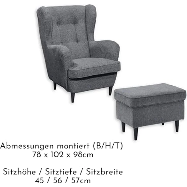 OSKAR Ohrensessel inkl. Fußhocker, Anthrazit - Vintage Wohnzimmer Sessel Set mit Massivholz Füßen - 78 x 102 x 98 cm (B/H/T) – Bild 5