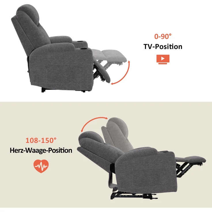 M MCombo Elektrisch Relaxsessel Massagesessel Fernsehsessel Liegefunktion Vibration Heizung 7061 neues Modell (Grau-Chenille) – Bild 4