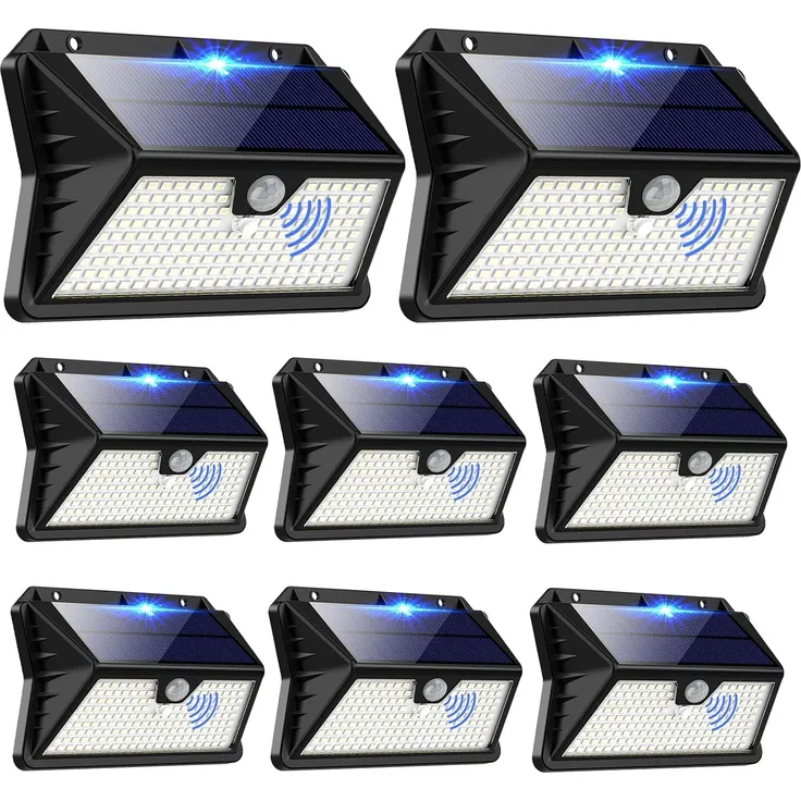 OUILA Solarlampen für Außen Wand【8 Stück】, 185 LED 3 Modi Solar Aussenleuchte mit Bewegungsmelder, IP65 Wasserdichte LED Solar Wandleuchte, Garten, Hof, Zaunbeleuchtung, Haustüren（Kaltes Weiß）