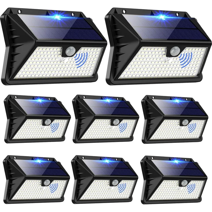 OUILA Solarlampen für Außen Wand【8 Stück】, 185 LED 3 Modi Solar Aussenleuchte mit Bewegungsmelder, IP65 Wasserdichte LED Solar Wandleuchte, Garten, Hof, Zaunbeleuchtung, Haustüren（Kaltes Weiß） – Bild 1