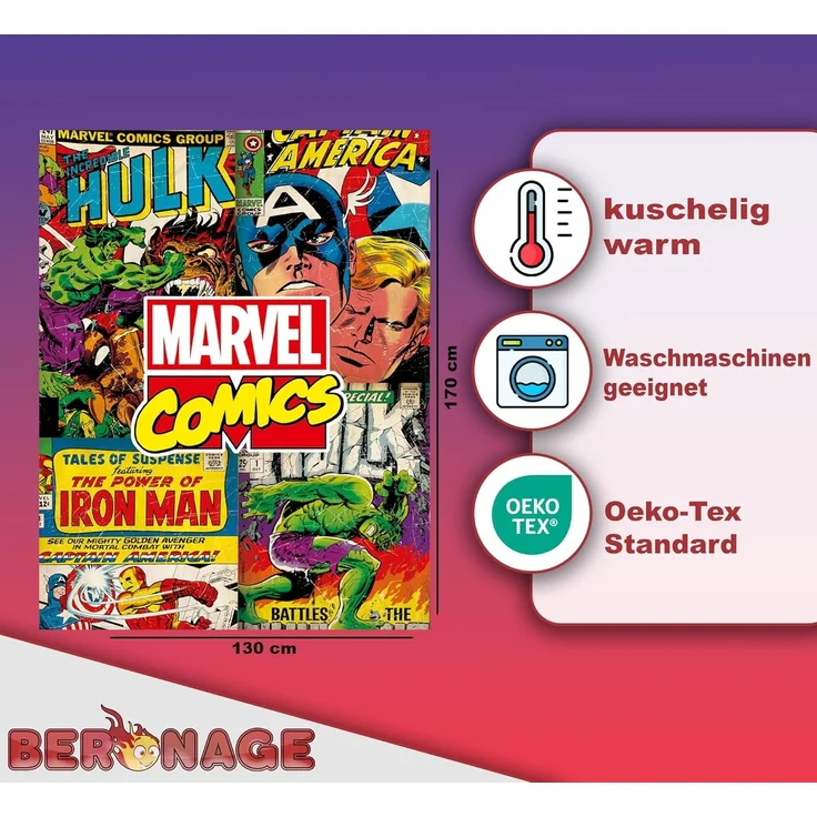 Wohndecke Marvel Decke Comics 130x170 cm, BERONAGE, passend zur Bettwäsche, ideal für Sofa, Couch, Bett, Auto, Camping – Bild 2