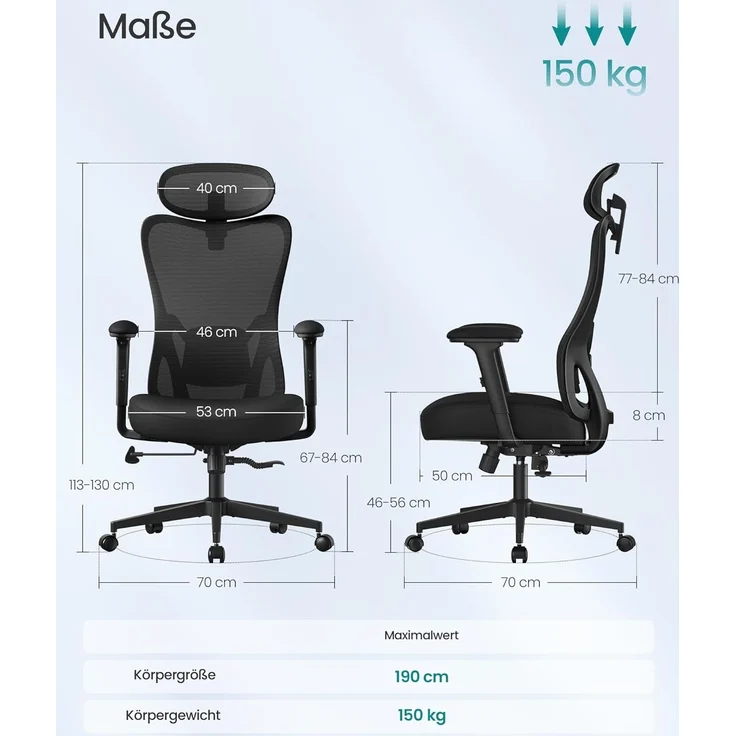 SONGMICS Bürostuhl ergonomisch, Schreibtischstuhl, Computerstuhl, verstellbare Lenden- und Kopfstütze, bis 150 kg belastbar, höhenverstellbar, tintenschwarz OBN066BH01 – Bild 2