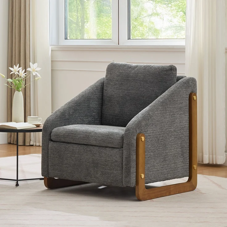 Chenille-Grau Loungesessel mit Holzarmlehnen, ergonomischem Design, kompakter Größe & hoher Belastbarkeit – Bild 4
