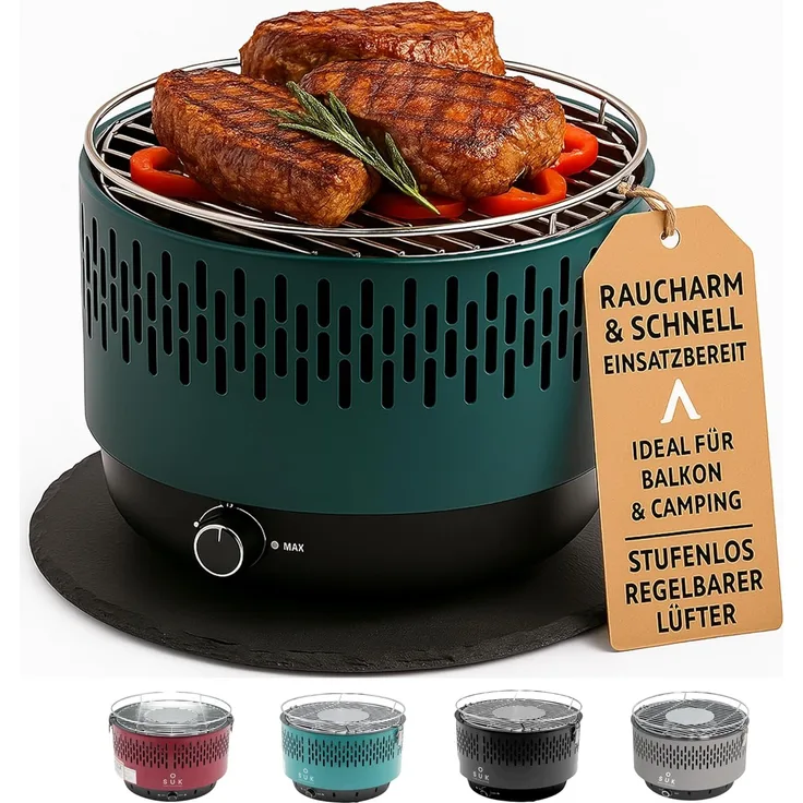 SOUK ONE Tischgrill mit Aktivbelüftung, Holzkohlegrill Grill mit Lüfter, Campinggrill BBQ Outdoor (Petrol)