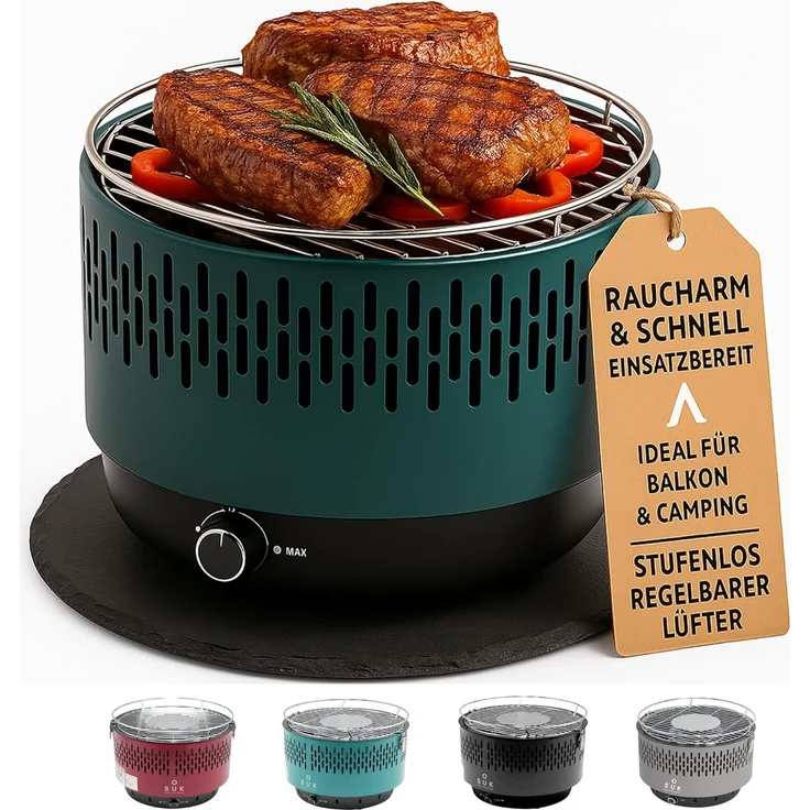 SOUK ONE Tischgrill mit Aktivbelüftung, Holzkohlegrill Grill mit Lüfter, Campinggrill BBQ Outdoor (Petrol)
